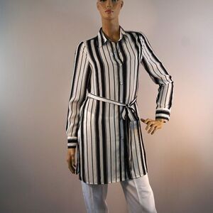 Karen Kane Womens Striped Tunic Blouse Sz XS Black White Belted